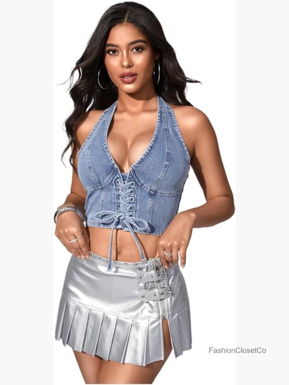 Denim Corset Halter Crop Top Lace Up Y2K Vest Top
